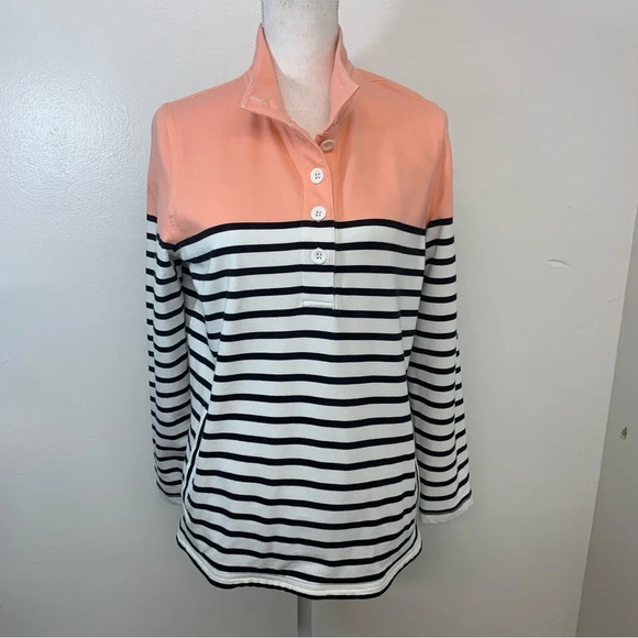 T by Talbots Top Sweatshirt Woman Medium  Long Sleeve Stripe Stretch Pockets - Picture 1 of 12
